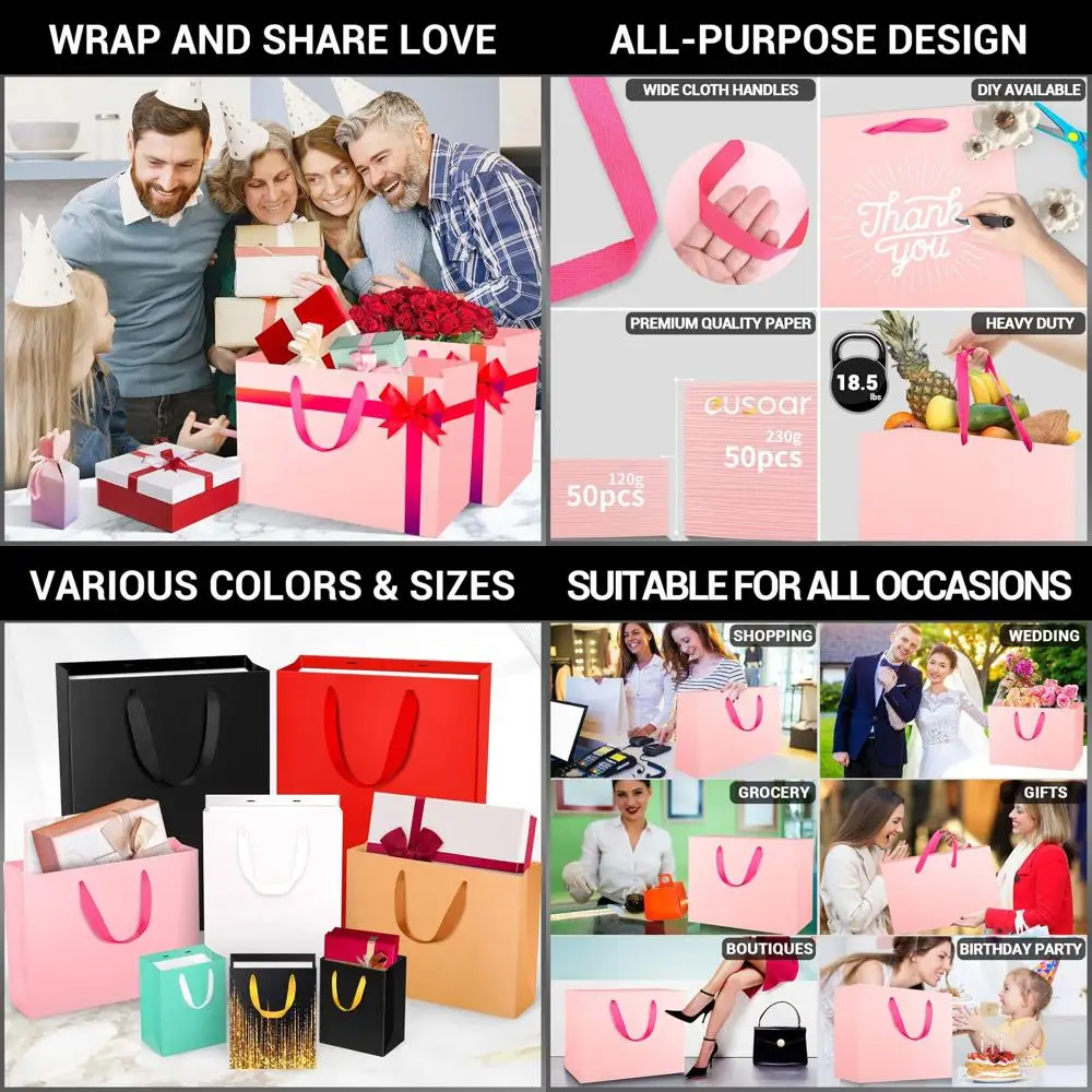 

Оптовые 50 упаковок розовых больших подарочных пакетов размером 16x6x12 дюймов с ручками для свадеб, вечеринок и розничного использования