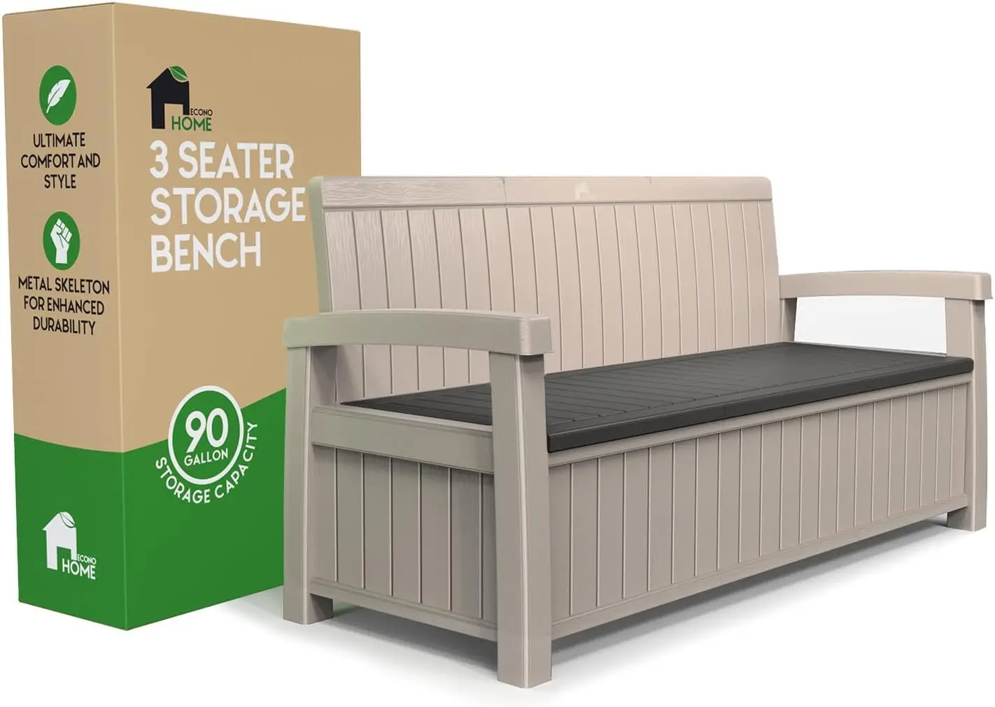 Outdoor 3-Seat Storage Bench, 90-Gallon Weatherproof Resin Patio Furniture for Porch, Garden, Yard & Pool Area, Holds Pool Accessories, Gardening Tools and Toys
