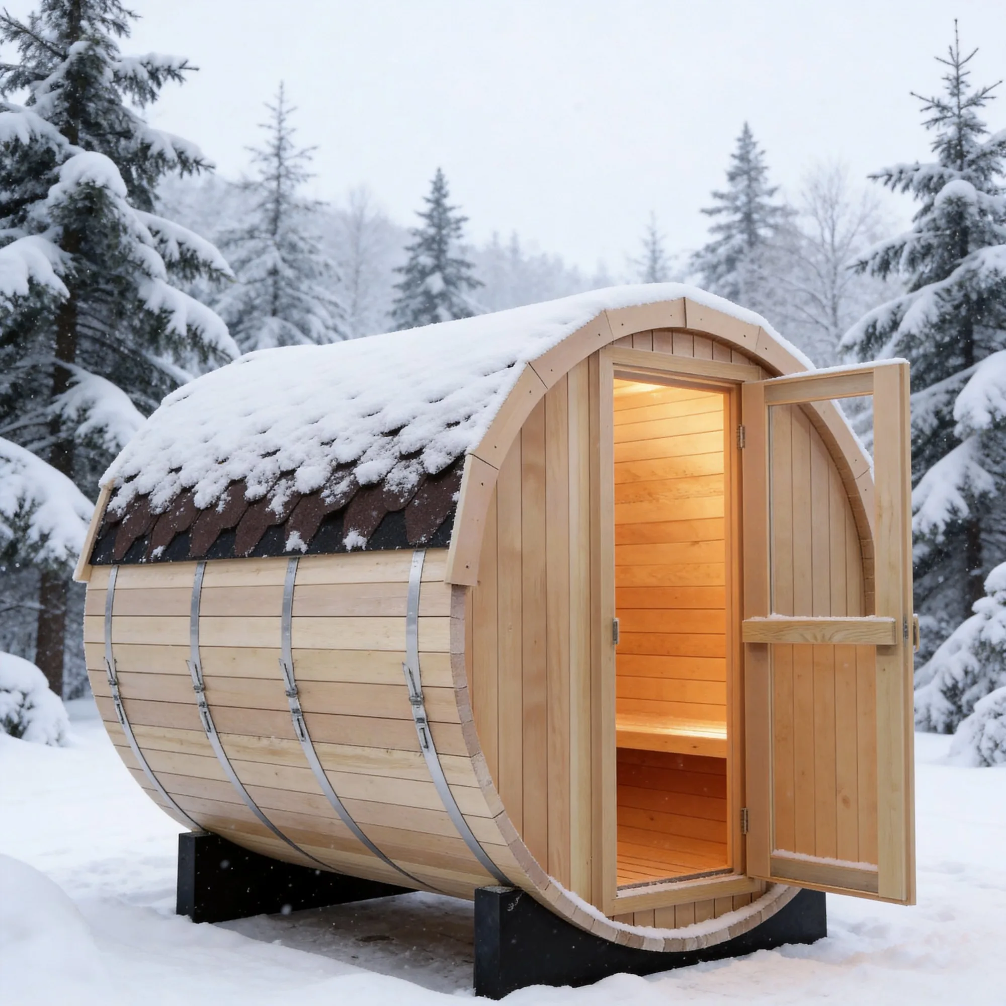Nordic-style Cylindrical Outdoor Sauna Canadian Hemlock Sauna Heater Stones Dry Steam Far Infrared Heating for 4-6 People