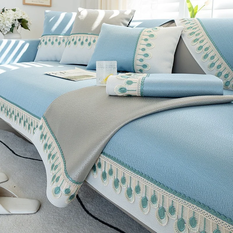 

Ice Silk Sofa Cover Summer Cool Sofa Cushion Solid Color Non-Slip Living Room Sofa Cushion Cover Furniture Protective Cover