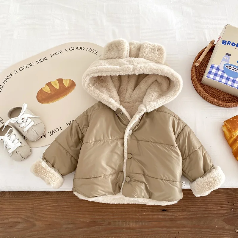 

Winter Kids Coat 0-5Years Children Boy Girl Solid Color Long Sleeve Bunny Ear Hooded Plush Thicken Jacket Outerwear Warm Clothes