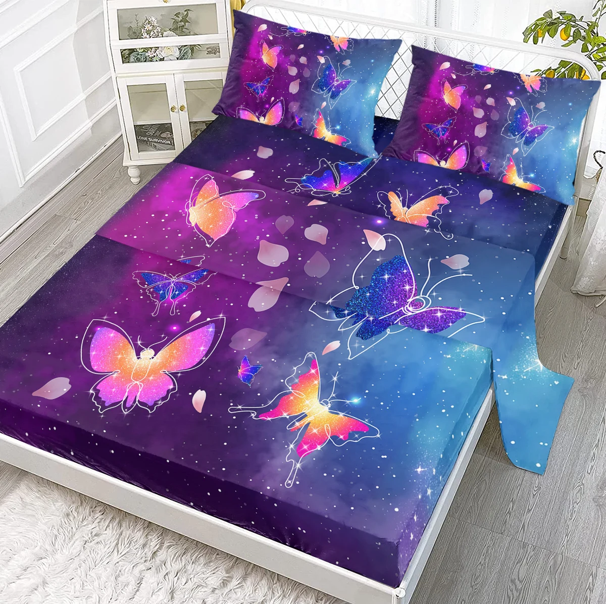 

White Line depicting Butterfly Colorful Shiny Butterflies Print Sheet Set 4 Piece 1 Fitted Sheet, 1 Flat Sheet, 2 Pillowcases