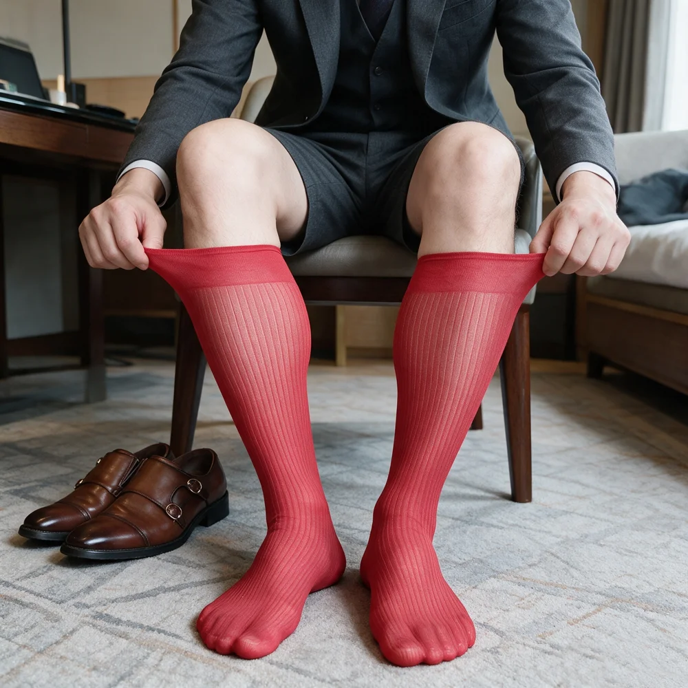 Men's Over The Calf Knee High Dress Socks Sheer Striped Formal Business Thin Long Socks for Office Work with Suit Shorts