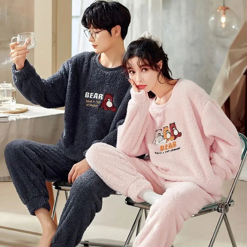 أطقم بيجامات شتوية للأزواج بأكمام طويلة وسميكة ودافئة من الفلانيل لعام 2025 للرجال ملابس نوم كورية فضفاضة بيجامة ملابس منزلية للنساء #4