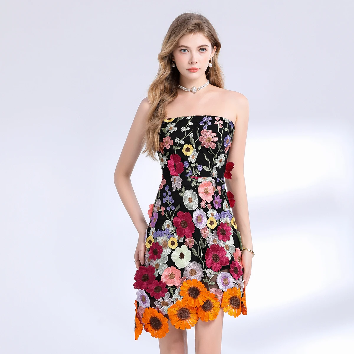 

New Summer Women Sexy Strapless Asymmetrical Hem Slim Mini Dress High Quality Mesh Embroidery 3D Flowers Evening Dress