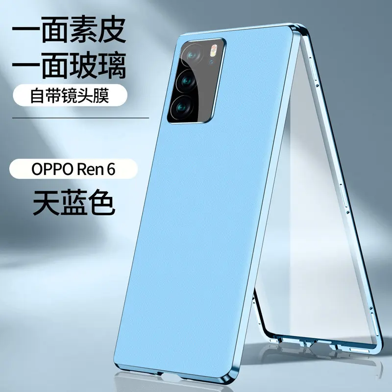 360 Full Protection Metal Bumper Clear Front Glass Case For Oppo Reno 6 5G CPH2251 with Back PU Leather Cover Phone Protector