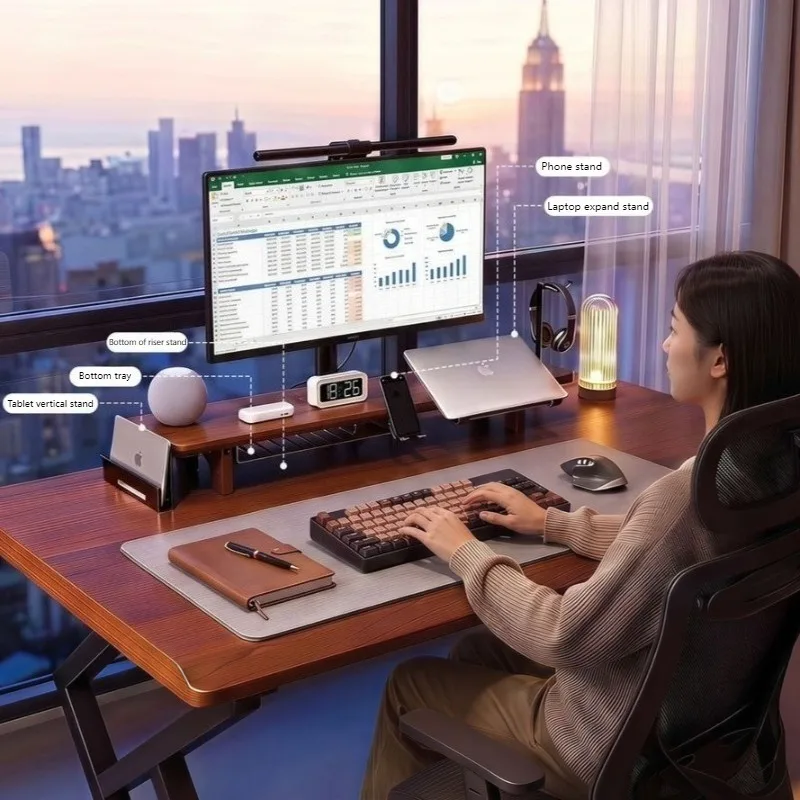 Wooden Monitor Rack Office Desk Monitors Laptop Riser Stand Study Desktop Computer Organizer Bracket Monitor Storage Holder