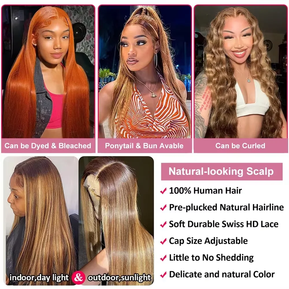 40 pollici Evidenziare 4/27 Parrucca diritta dei capelli umani 200 Densità 13x6 Hd Parrucca frontale in pizzo Parrucca brasiliana pre pizzicata dei capelli umani colorati