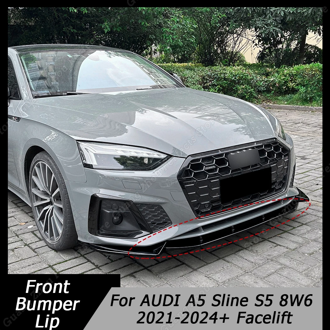 3Pcs Front Bumper Lip Chin Spoiler Splitter Diffuser Bodykit For AUDI A5 Sline S5 8W6 2021-2024+ Facelift Gloss Black Plastic