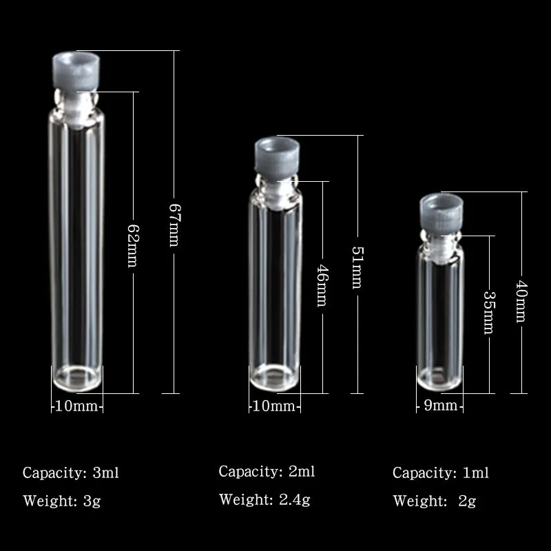 Botella de tubo de ensayo de Perfume, minidispensador de aceite refinado portátil, botella de vidrio de prueba con enchufe interno, 10 piezas, 1/2/3ml