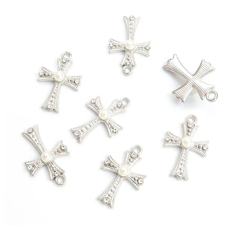 10pcs Trendy Cross Rhinestones Pearl Charms 2 Colors Metal Crystals Crucifix Pendant for DIY Handmade Catholic Christian Jewelry