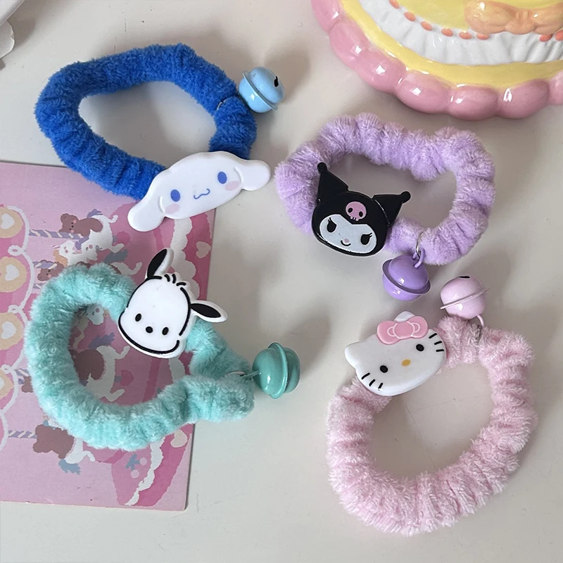 Miniso Kawaii Kuromi Cinnamoroll Bell Scrunchie Girl Heart Cute Cartoon Hello Kitty Pochacco Winter Hair Tie Hair Accessory Toys