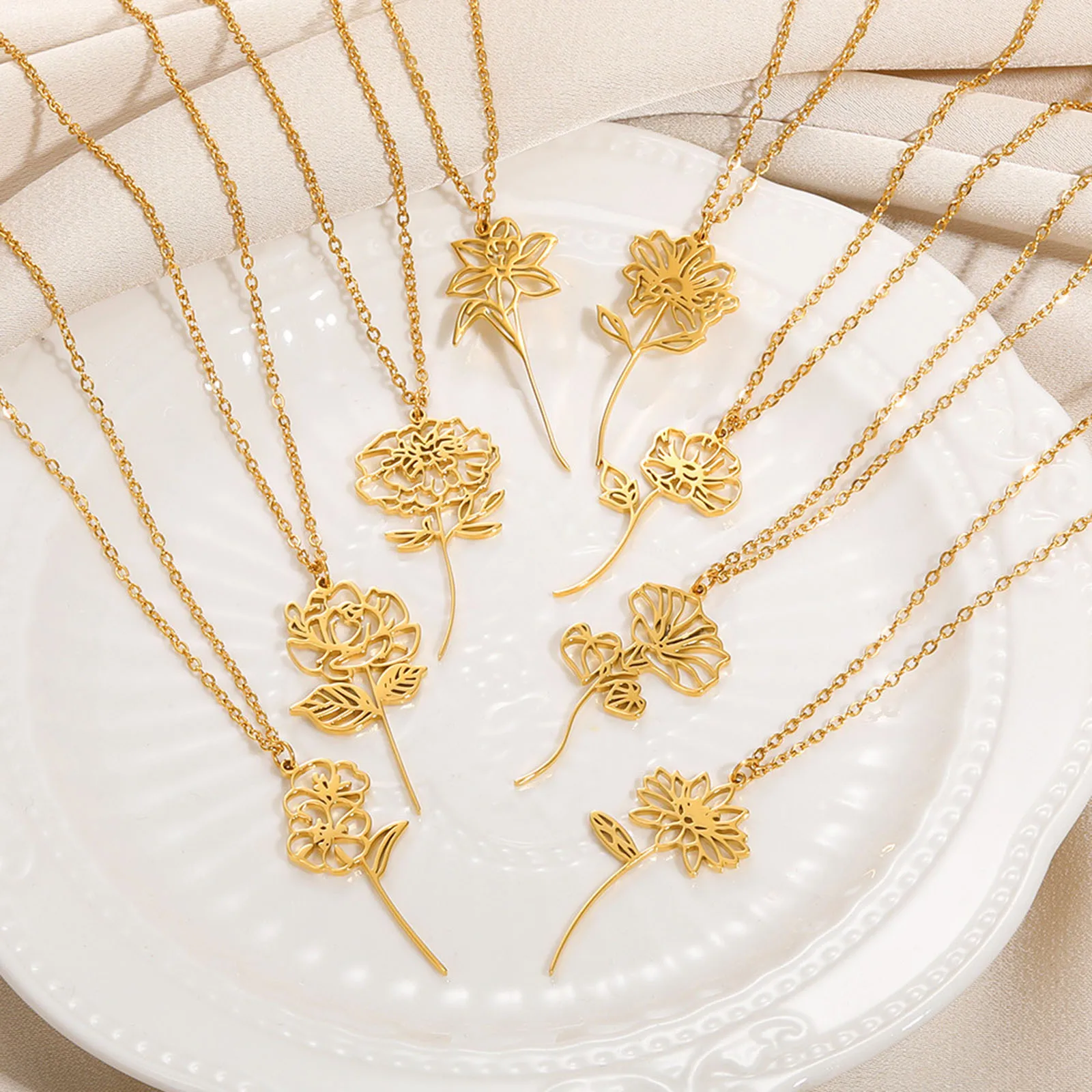 304 Stainless Steel Birth Month Flower Necklace Gold Color Plant Charms For Men Women Party Jewelry Gift 38cm(15