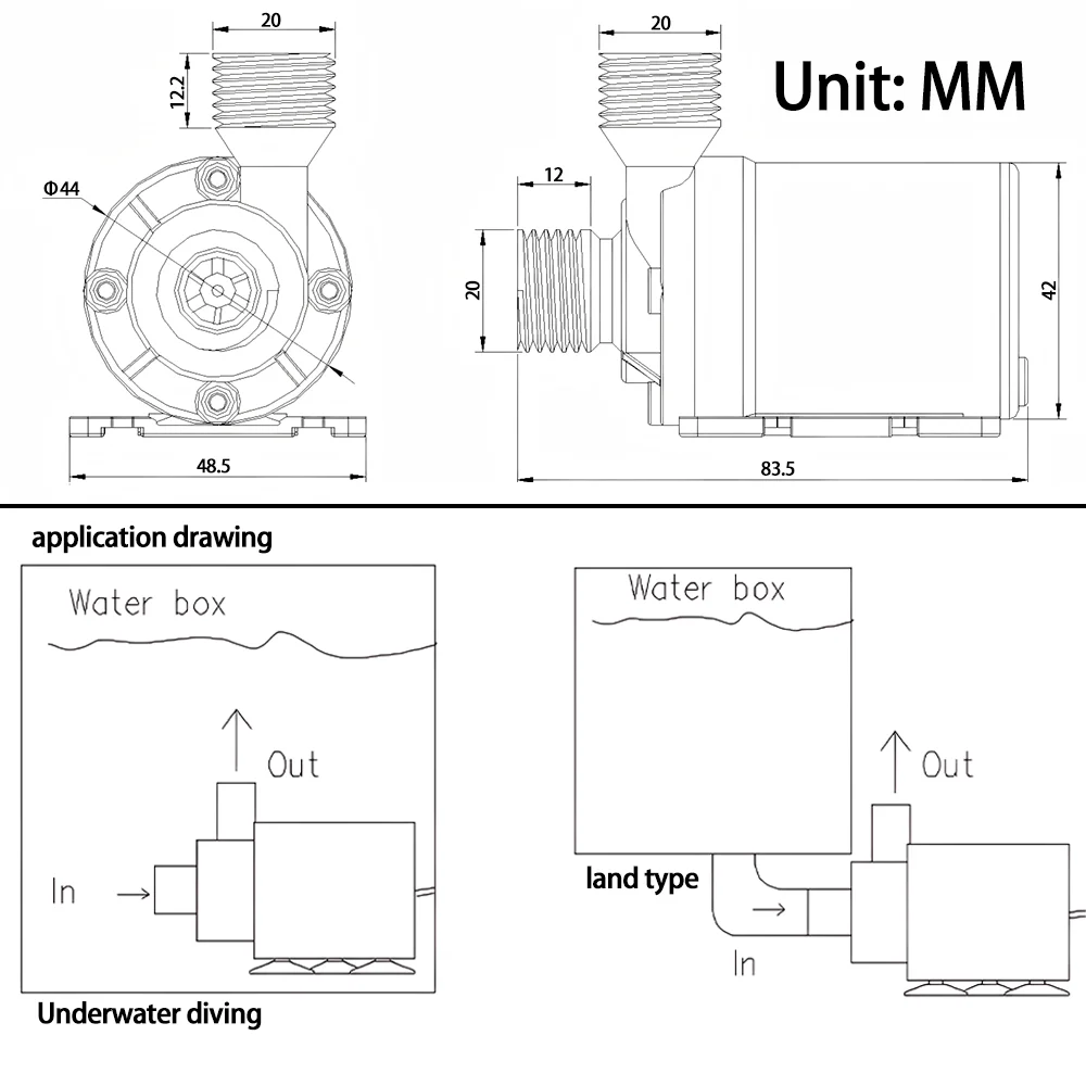 Wasserpumpe mit bürstenlosem Motor, DC6–24 V, 1100 l/h, 8 m Kopf G1/2-Zoll-Tauchpumpe, Brunnenwarmwasserbereiter, Dusch-Druckerhöhungspumpe, IP68 – Detail 8