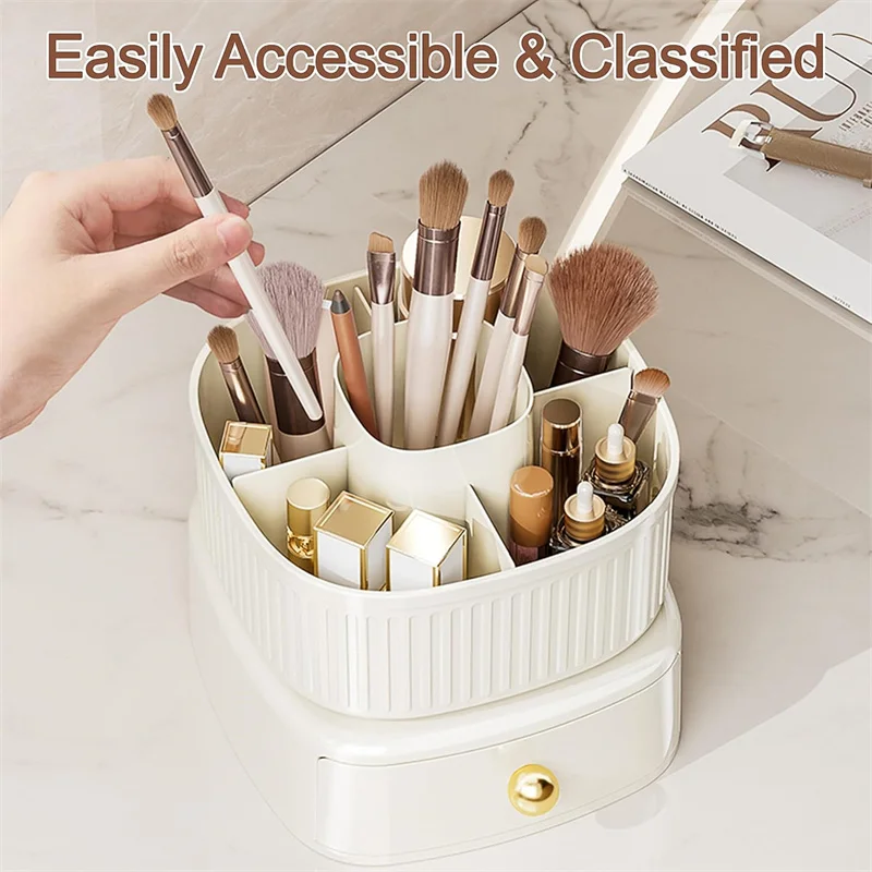 360° Rotating Makeup Brushes Holder with Drawer 5 Slot Makeup Brushes Lipstick Storage Box Desktop Cosmetics Tools Orangizer Box