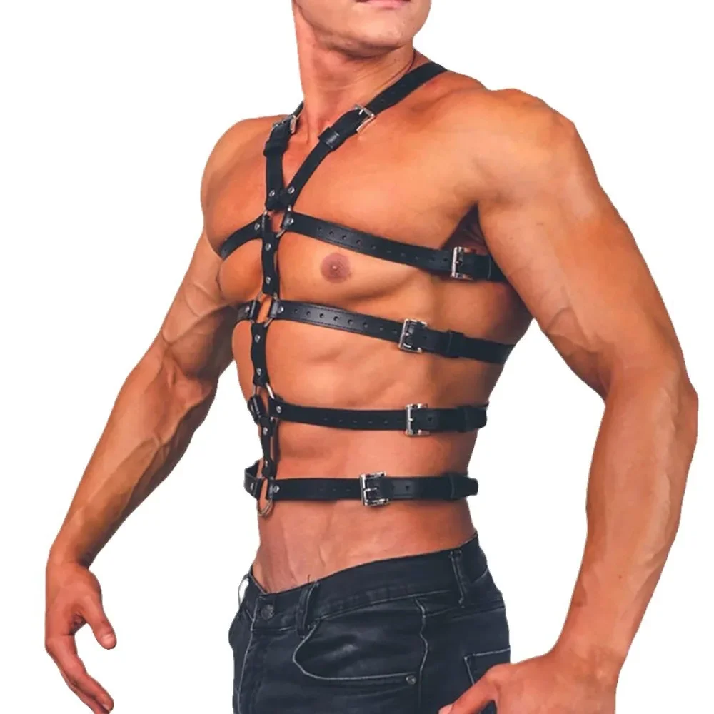 

PU Leather Men Chest Harness Belt Body Bondage Male Lingerie Sexy Shoulder Straps Gothic Fetish Rave Hollow Gay Clothing