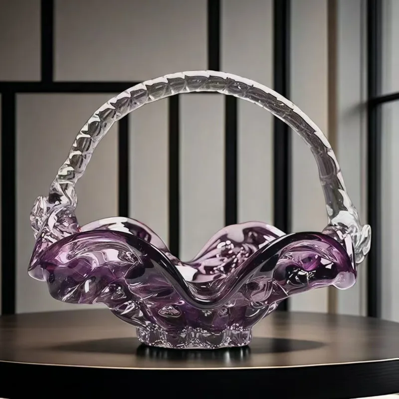 Glazed purple hand basket fruit plate light luxury home art fruit plate decorative vase ornament living room storage fruit baske