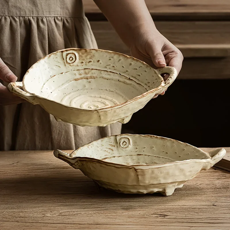 Japanese Retro Ceramic Double Ear Salad Plate Home Handmade High End Fruit Plate Salad Bowl Tableware