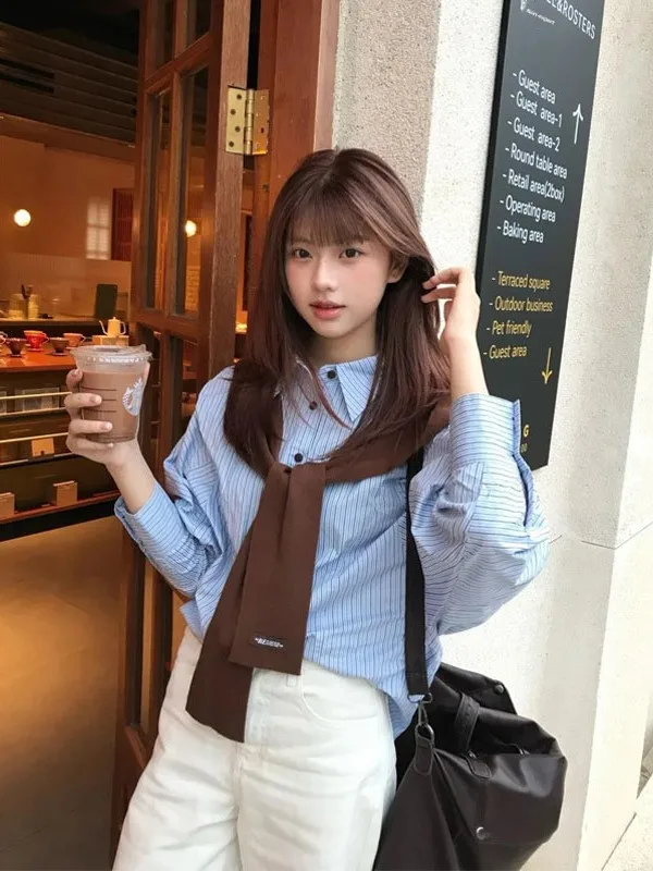 

Blue Striped Collar Long Sleeve Women's Shirt Fashionable College Style Sweet Cool Versatile Top Trendy Autumn Wear