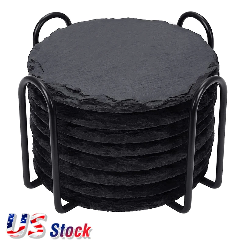 

US Stock 8pcs Engraving Blank Round Black Slate Stone Coasters 4in with Anti-Scratch Bottom and Holder Drinks Cup Coasters Bulk