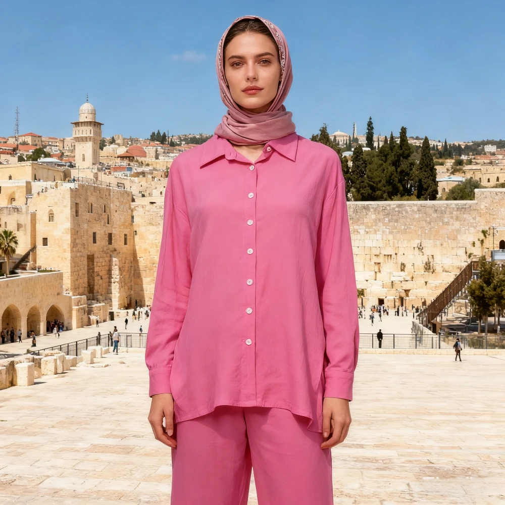 

Женские мусульманские комплекты Широкие брюки Комплект из двух предметов Хлопково-льняные пуговицы Рубашка Костюм Рамадан Ид Дубай Ансамбль Арабские наряды 2026