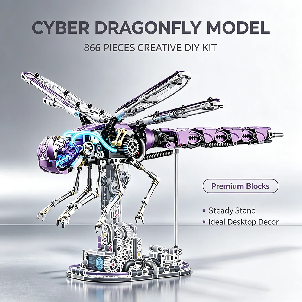Mechanical Dragonfly Building Block Toy With LED Light Insect Brick Model DIY Assembly Desktop Display Gift For Teens Adults