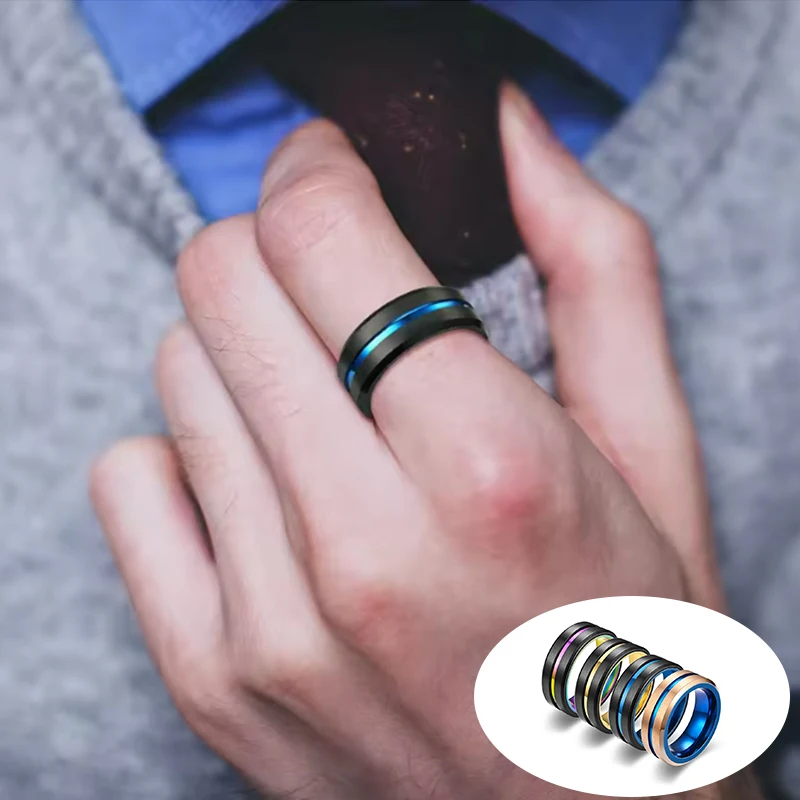 

Fashion 8mm Rose Gold Color Stainless Steel Rings For Men Blue Groove Beveled Edge Promise Ring High Polish Wedding Band Jewelry