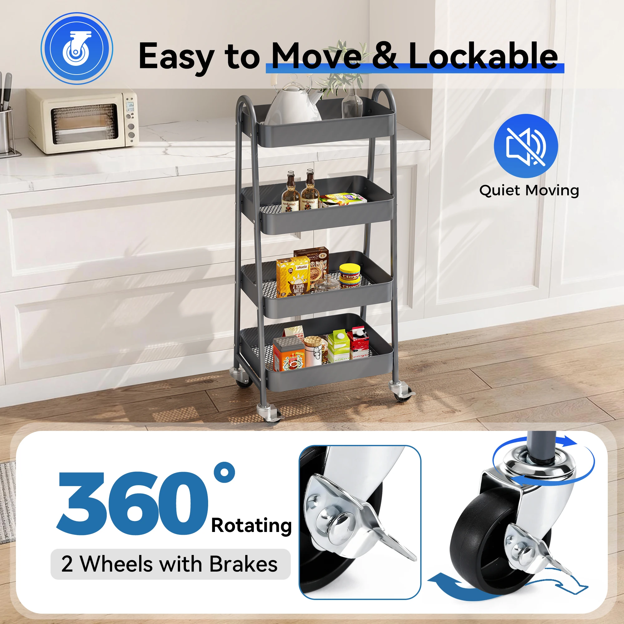 JHK 4 Tier Metal Storage Kitchen Cart with Lockable Wheels Mobile Shelving Unit Utility Rolling Organizer For Home Narrow Places image 4