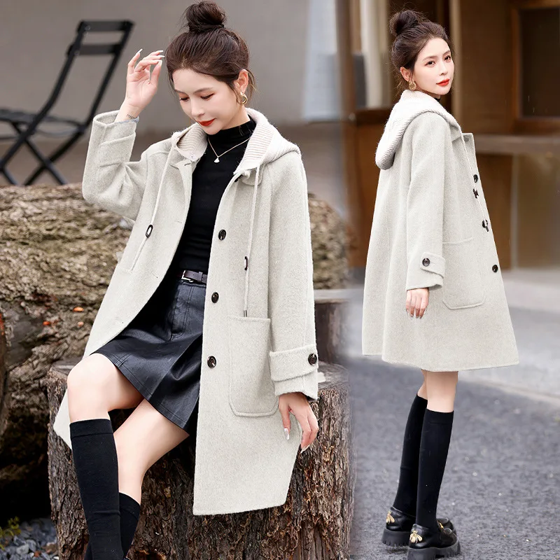Casual Double-Faced Woolen Coat Spring Autumn Winter Ladies Mid-Length Hooded Long Sleeve Sweater Jacket Simple Design