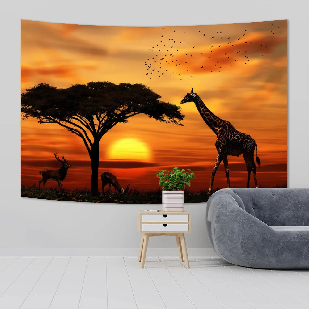 

African Grassland Scenery Tapestries Wall Hanging Elephant And Deer Sunset Landscape Printed Cloth Home Decor