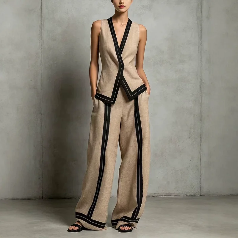 Women Linen Blend Casual Suit Sleeveless V Neck Vest High Waist Wide Leg Pants