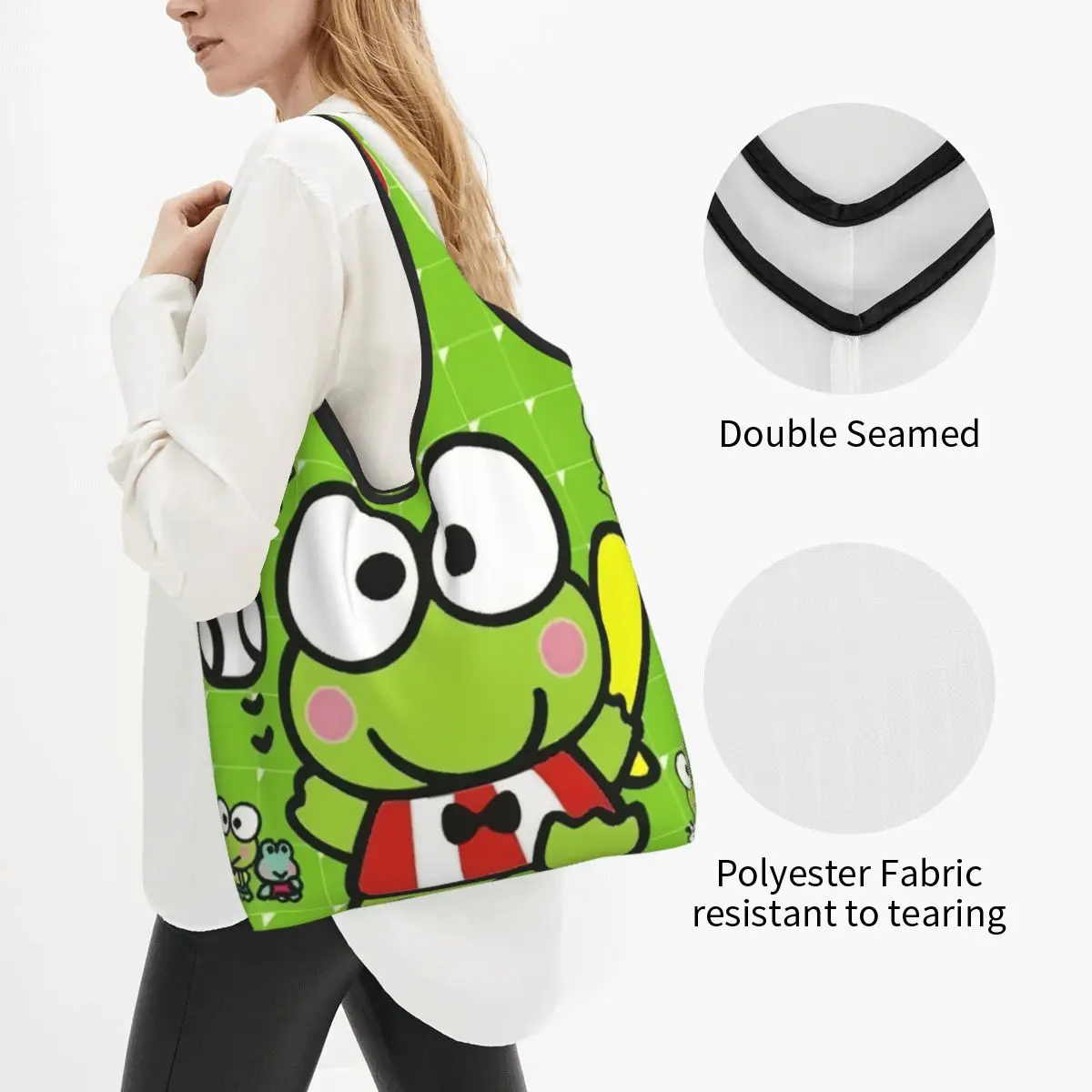 Custom Disney Cartoon Kero Kero Keroppi Sanrio Anime Shopping Bag Women Portable Large Capacity Groceries Tote Shopper Bags