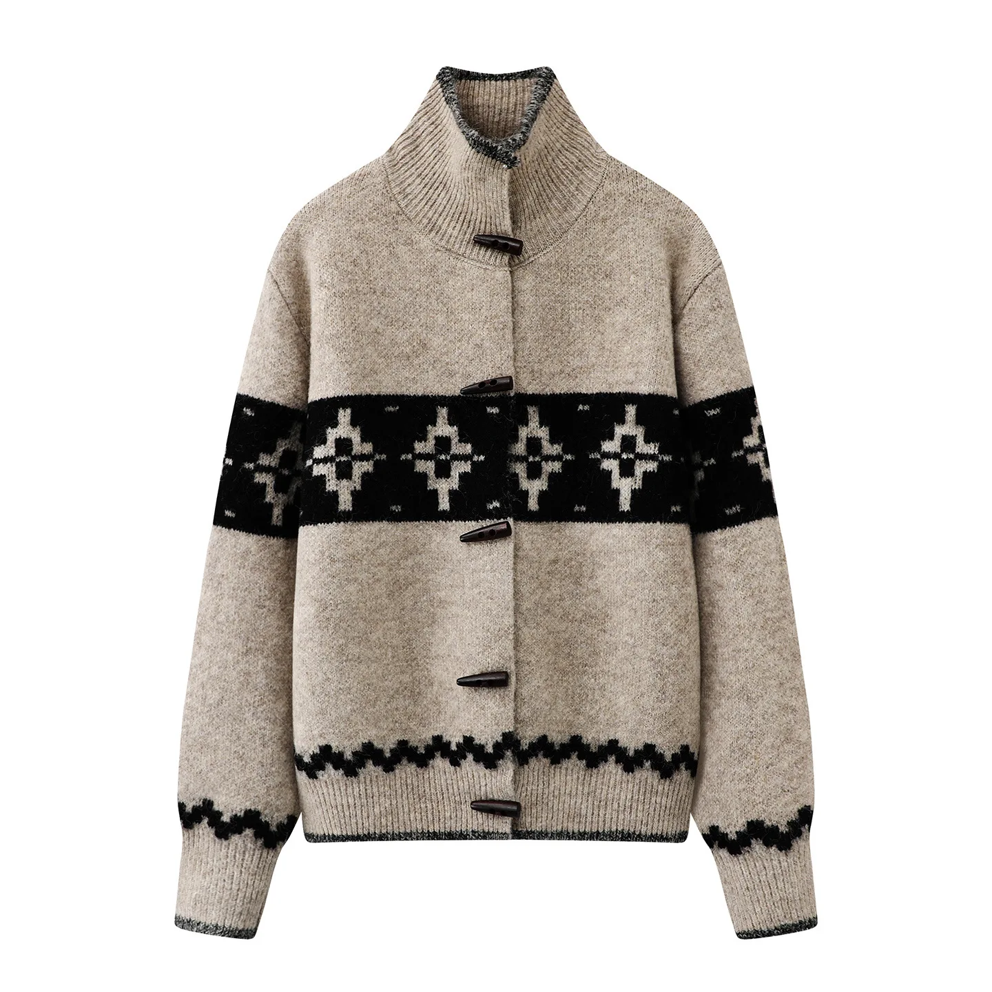 Giacca invernale in maglione jacquard a collo alto da donna con fibbia in corno Fair Island 2511-15a
