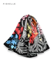 Black tropical plants natural silk scarf square head scarves twill luxury gift women wrap bandana hijab shawl lady neckerchief