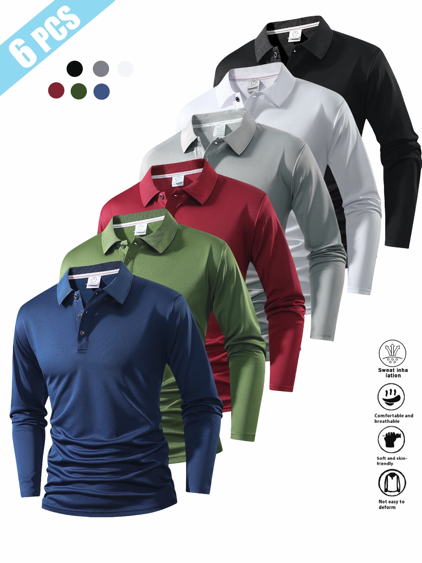 

Набор из 6 мужских рубашек с длинным рукавом и круглым вырезом для весны и осени - однотонные, из гладкой ткани, мягкие и комфортные - разноцветные поло S