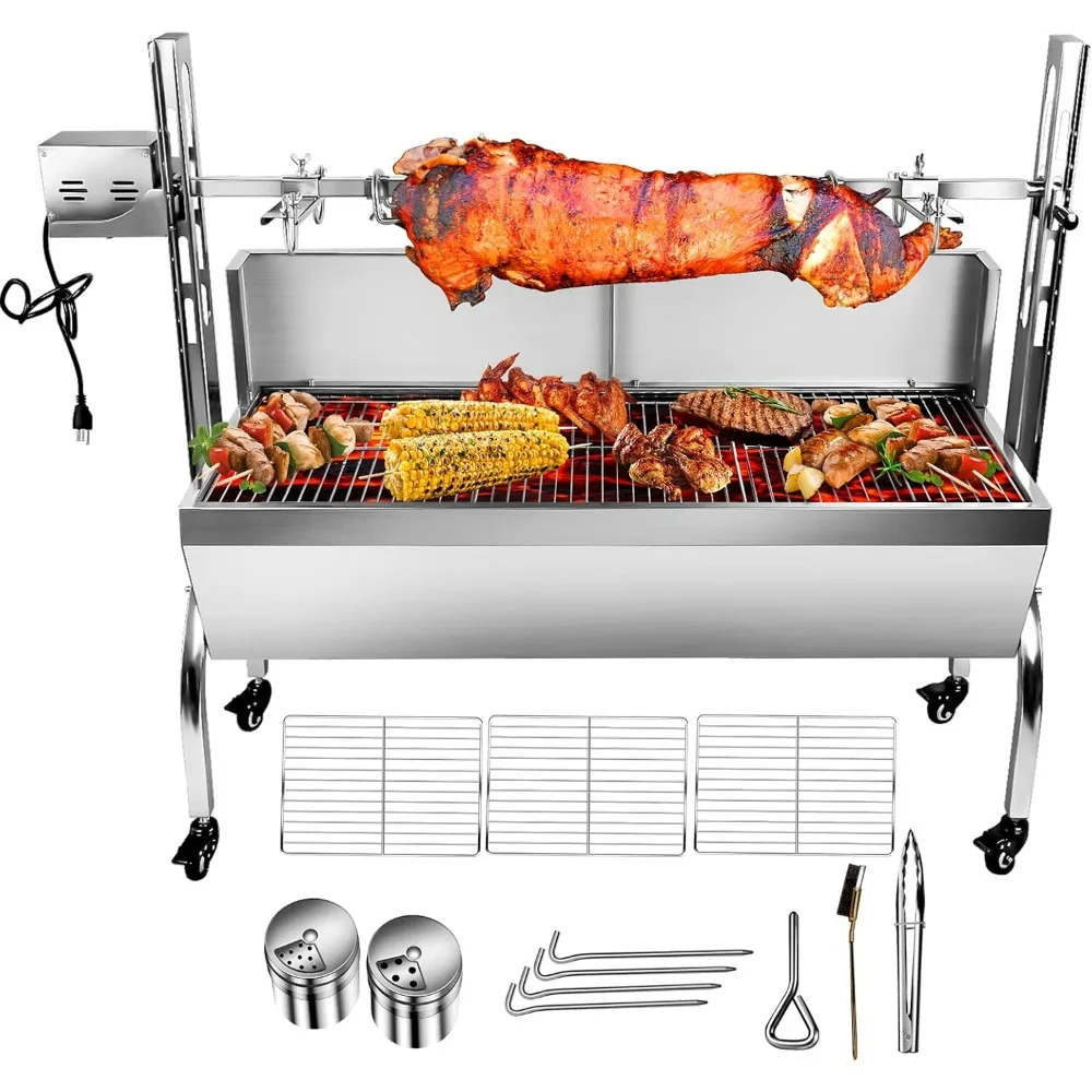 

176LBS Stainless Steel Rotisserie Grill With Wind Deflector, 25W Motor ,46 Inch BBQ Charcoal Rotisserie Roaster Grill