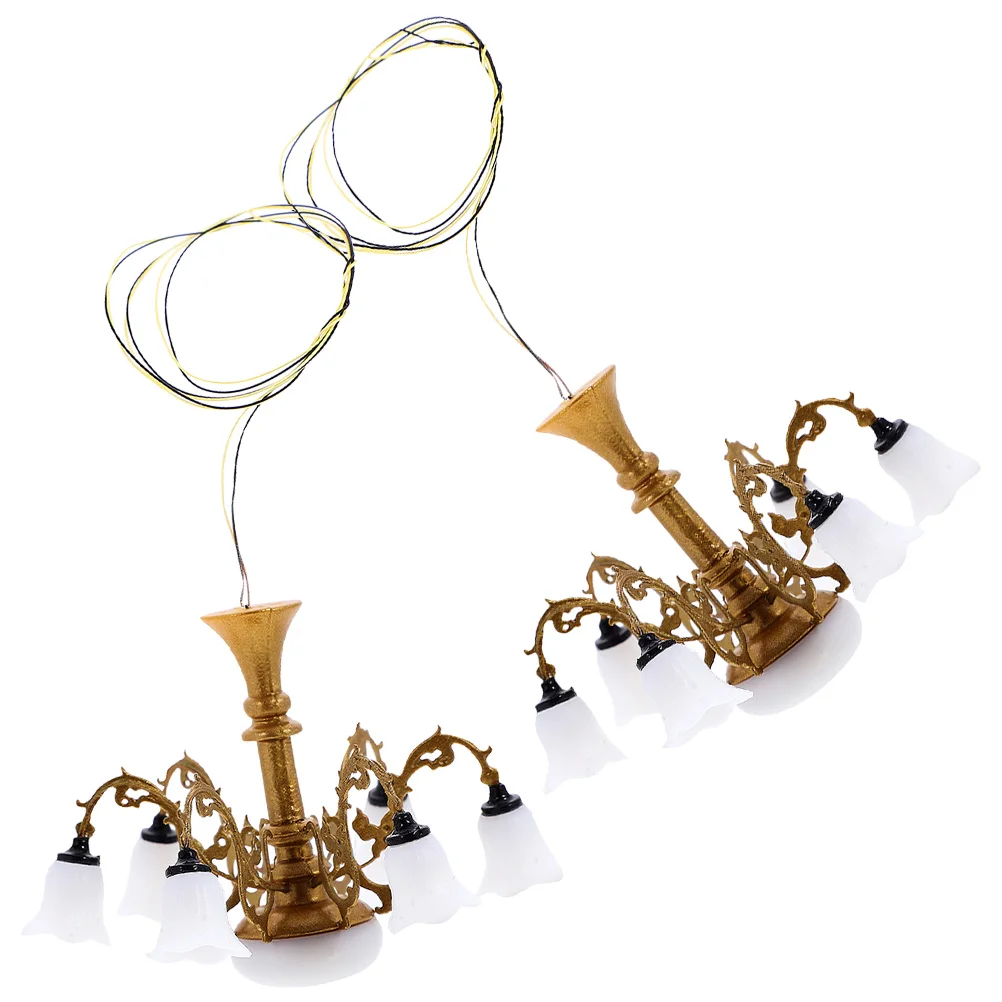

2 Pcs Micro Landscape Model Miniature Light Chandelier Decoration Metal Ceiling Lamp Craft