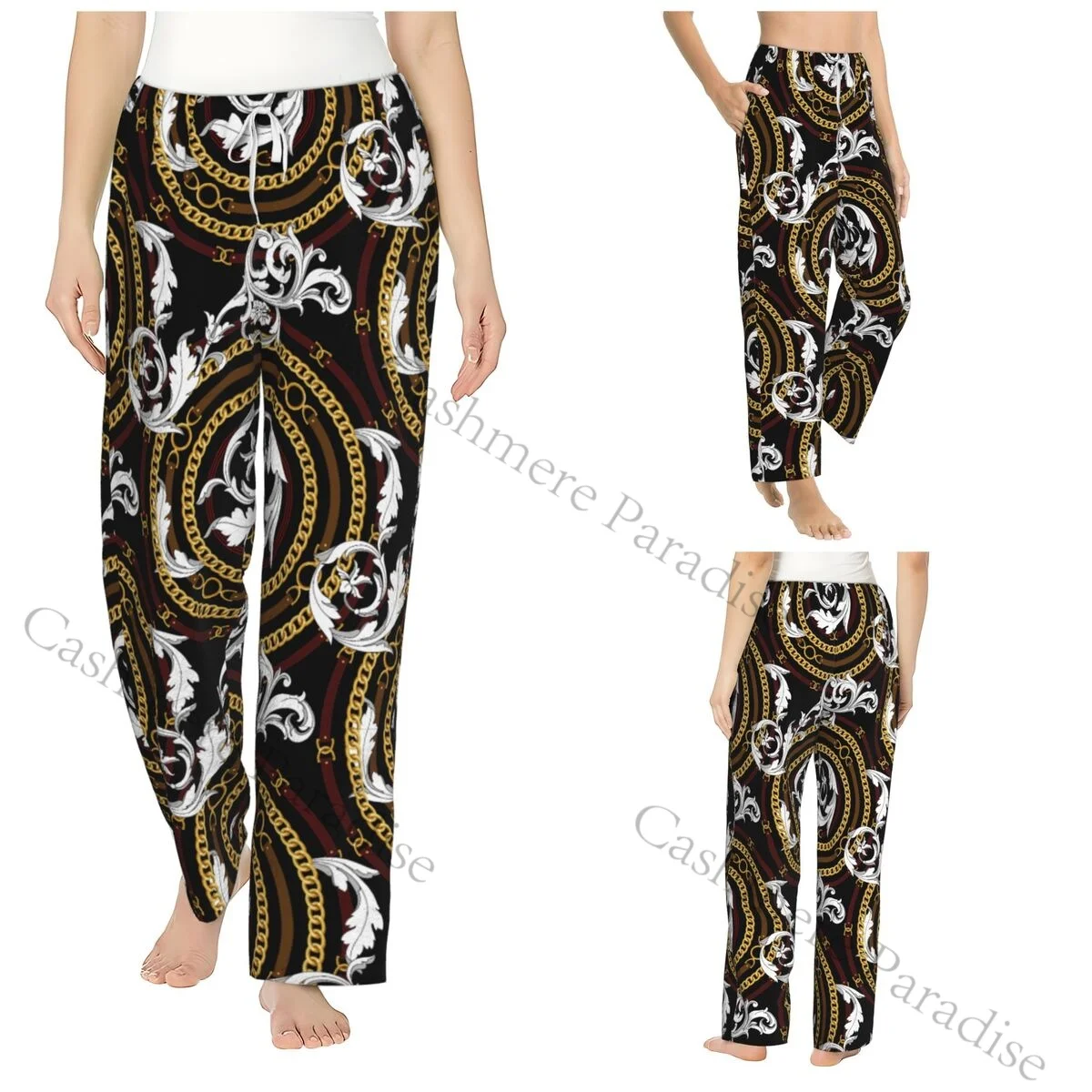 

Gold Baroque Women Sleep Pants Warm Flannel Lounge Pants for Winter Nights