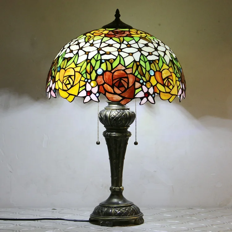 

LongHuiJing Tiffany Style Table Nightstand Banker Lamp Stained Glass Floral Rose Lampshade Antique Lights