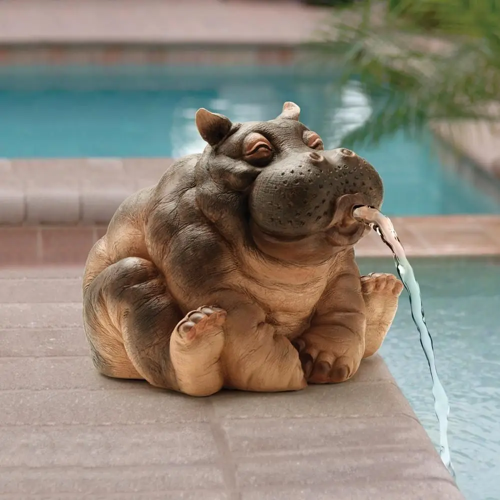 Realistic Hippo Pond Spitter Statue Resin Simulation Hippo Garden Statue Cute Animal Fountain Yard Garden Decoration