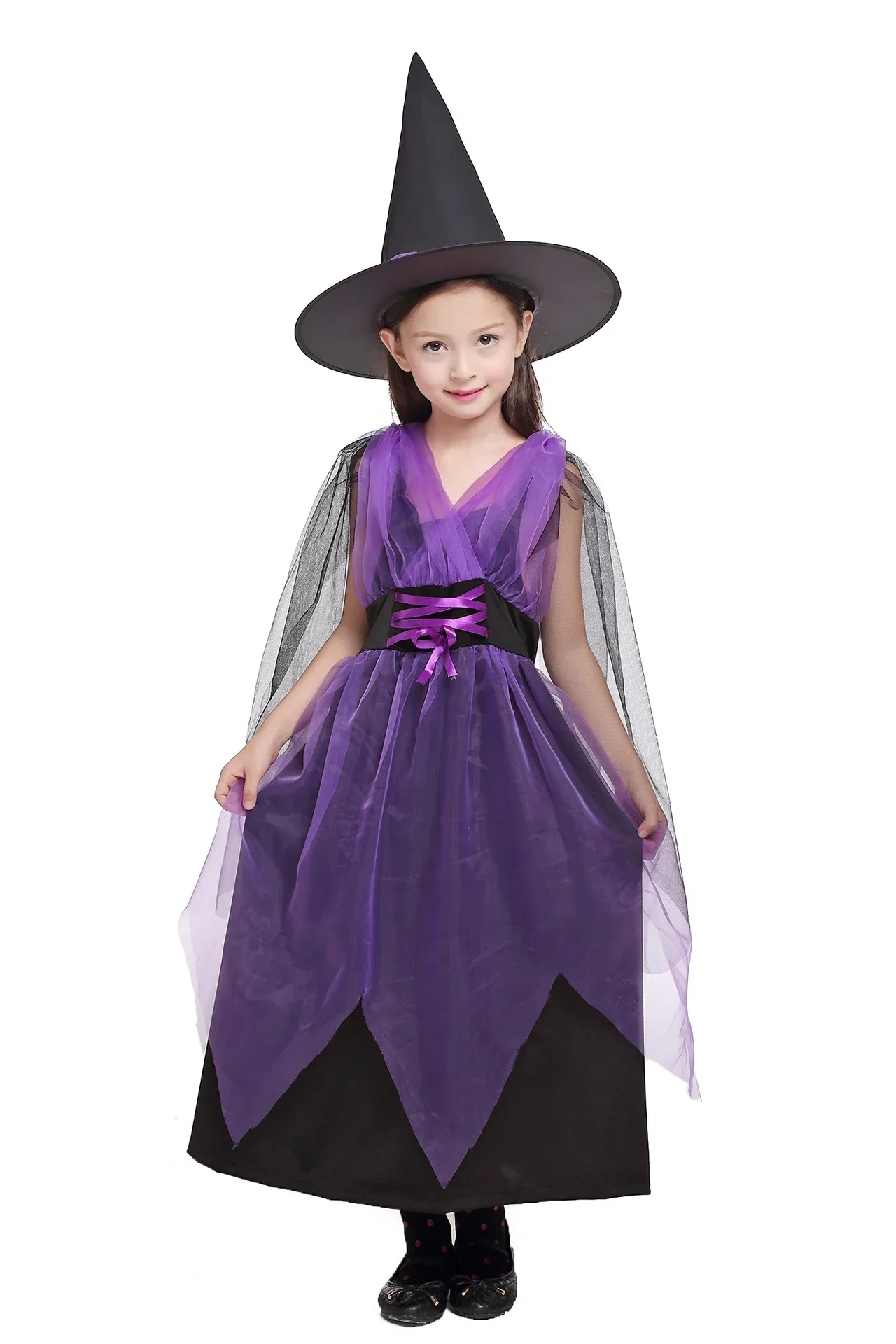 Halloween-Hexen-Kostüm-Geschenkset für Kinder, lila, schwarz, unregelmäßiges Tüllkleid, Hut, Party, Fotografie, Cosplay-Set – Detail 7