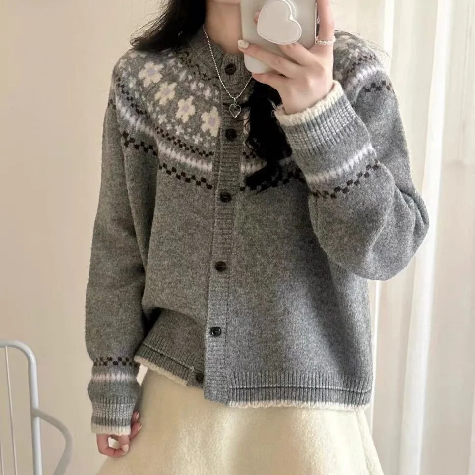 

Women Knitted Cardigan Sweaters Jacquard Jumpers Color Blocked Round Neck Long Sleeves Single Breasted Casual 2025 Autumn Winter