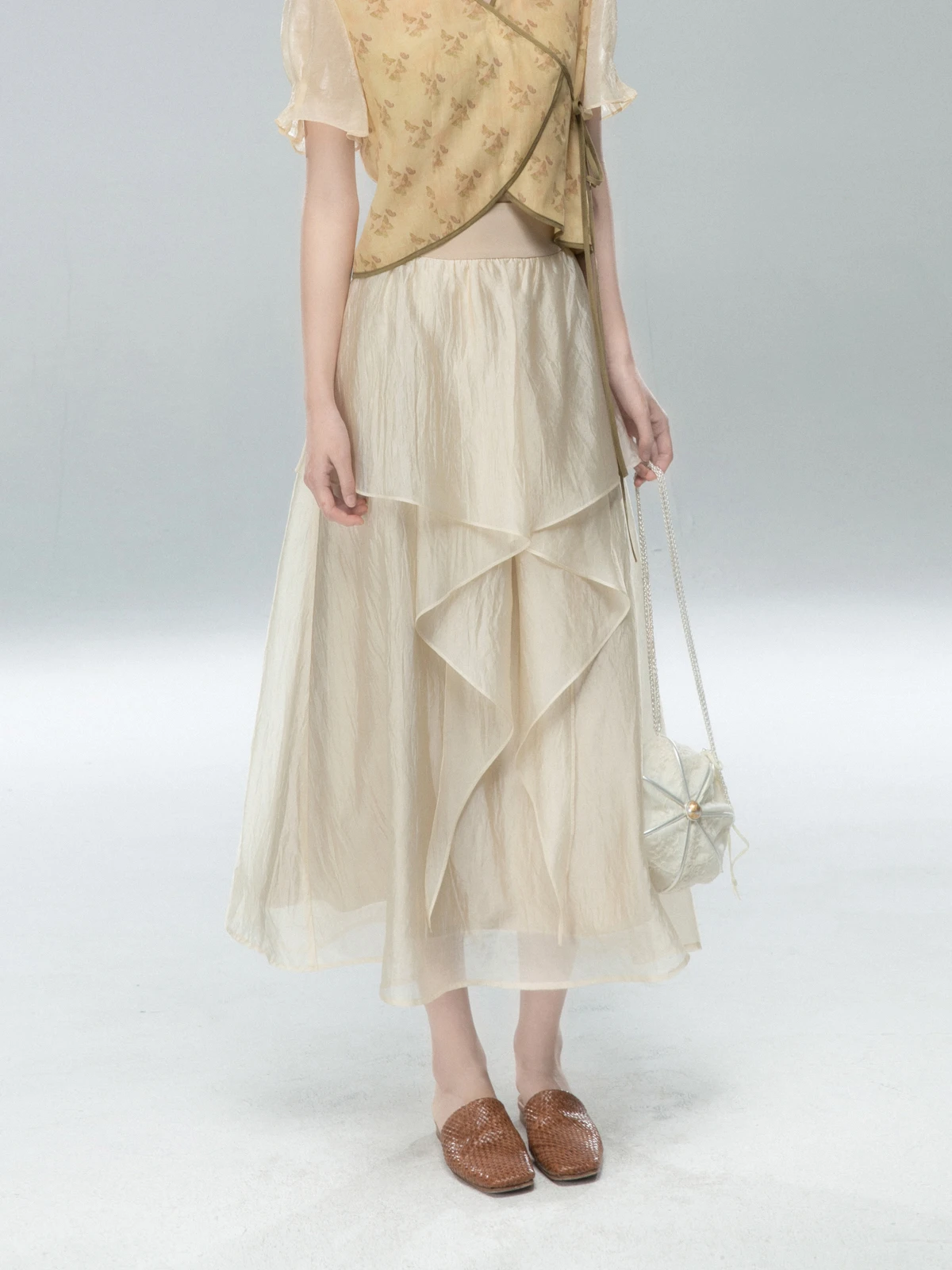 

XinXinYue Summer Asymmetrical Hem Acetate Tulle Skirt Ele Swiy f-length Skirts for Women Commute Pure Color