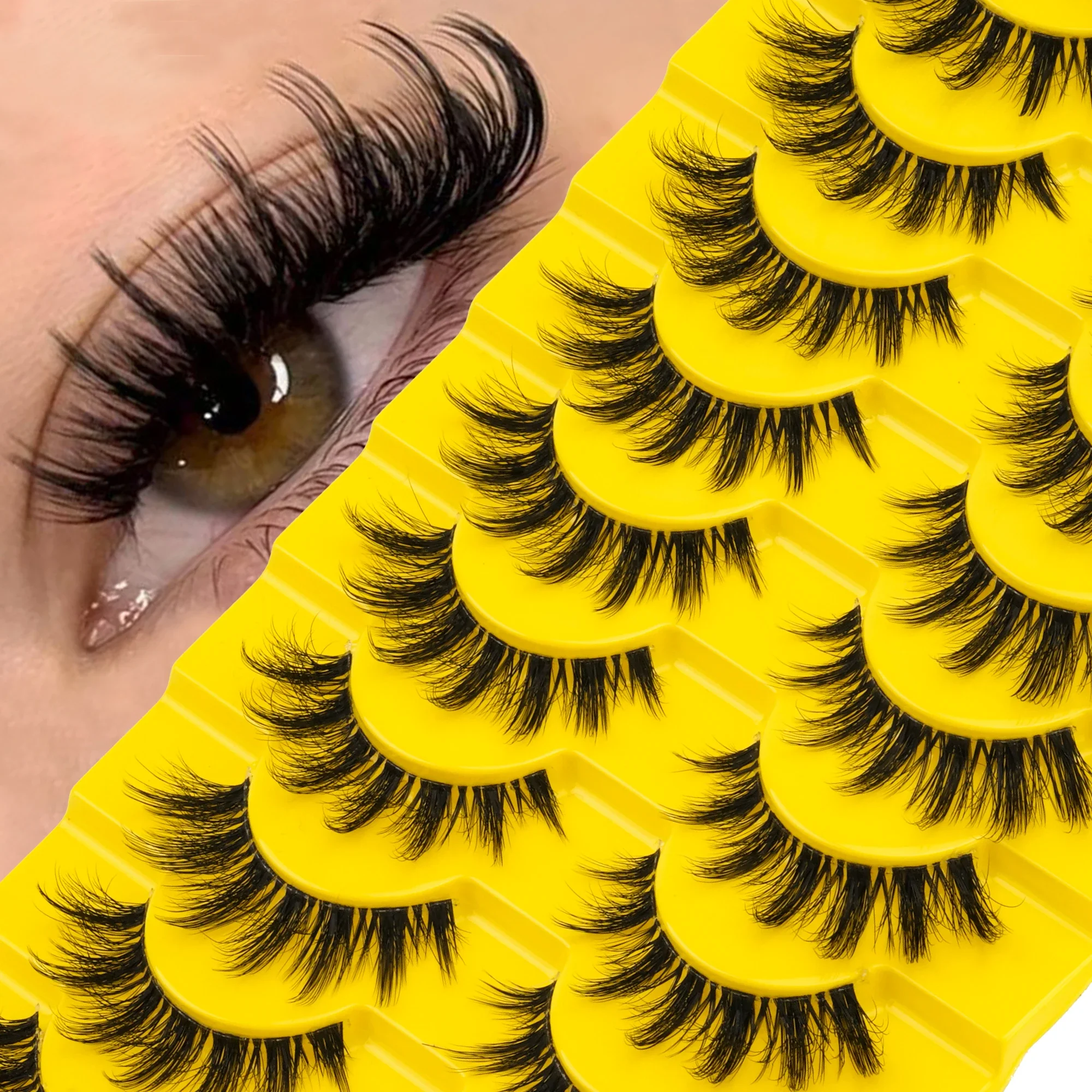 10 Pairs Faux Mink False Eyelashes D Curl Russian Volume Wispy Fluffy Lashes Soft Band Reusable for Party Daily Makeup