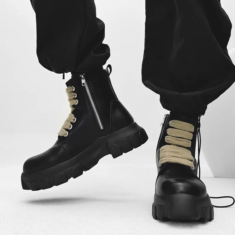 Thick Soled Men Boots Fashion Street Style Lace Up Modern Boots Platform Breathable Male Leather Short Motorcycle Boots Black image 5