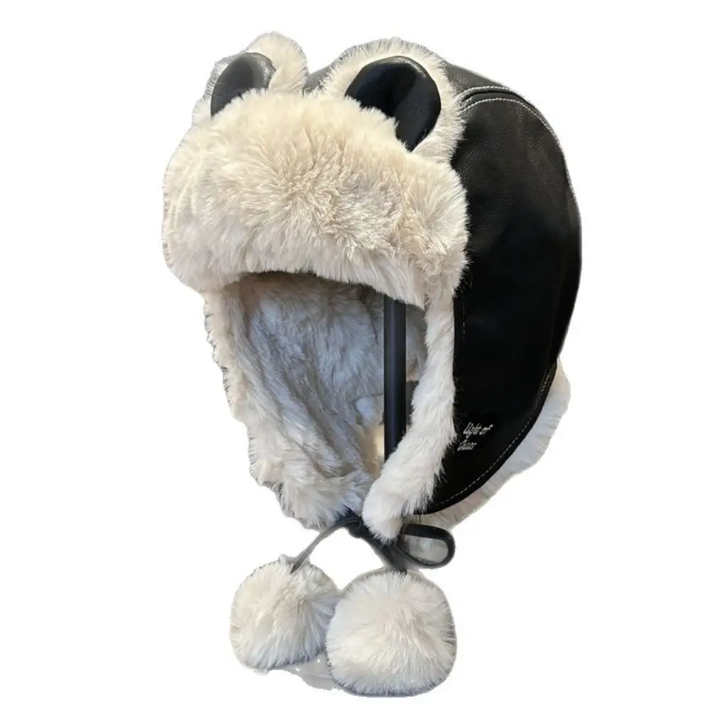 Faux Leather Bear Ear Trapper Hat Windproof Ear Flap Faux Leather Fur Lined Hat Cold Proof Winter Warm Pom Pom Hat For Men