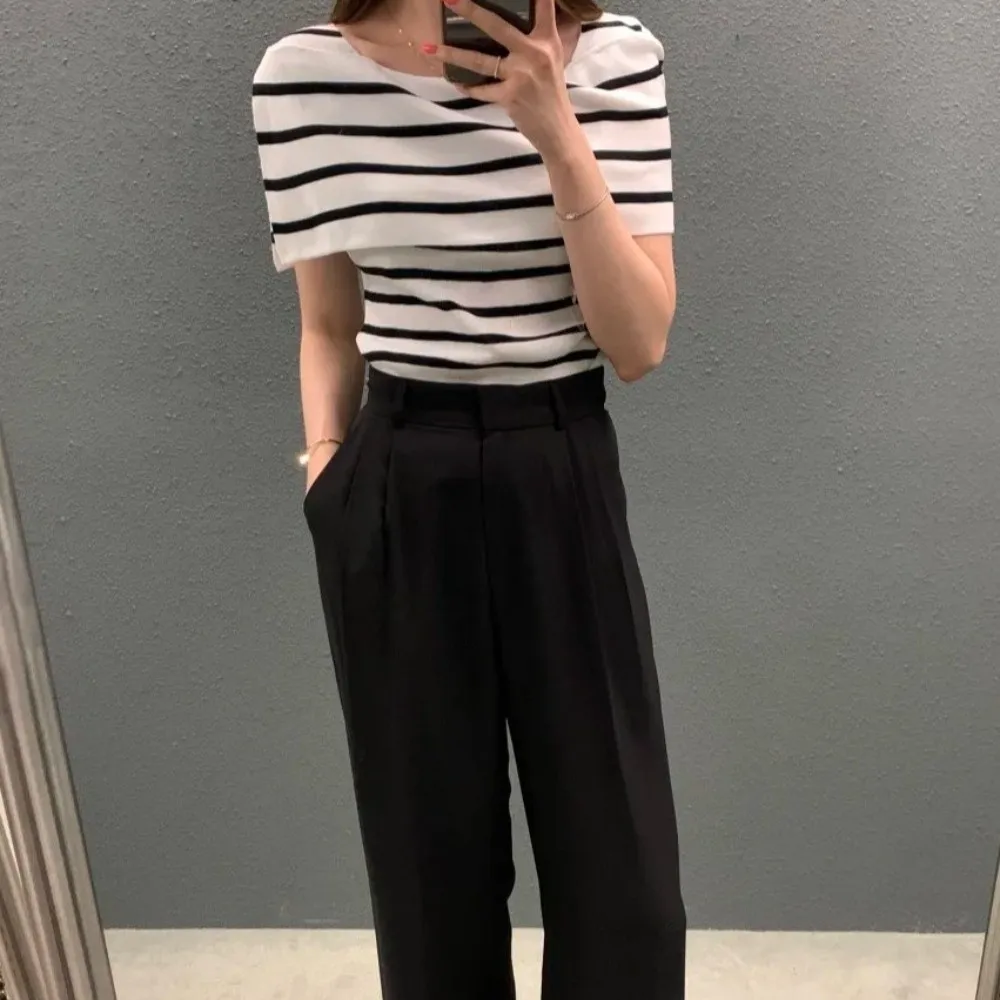 Fashion Autumn Winter Striped Knitwear Shirt Collar Side Slit Slim Shirt Casual Elastic Women's Knit Top for Women