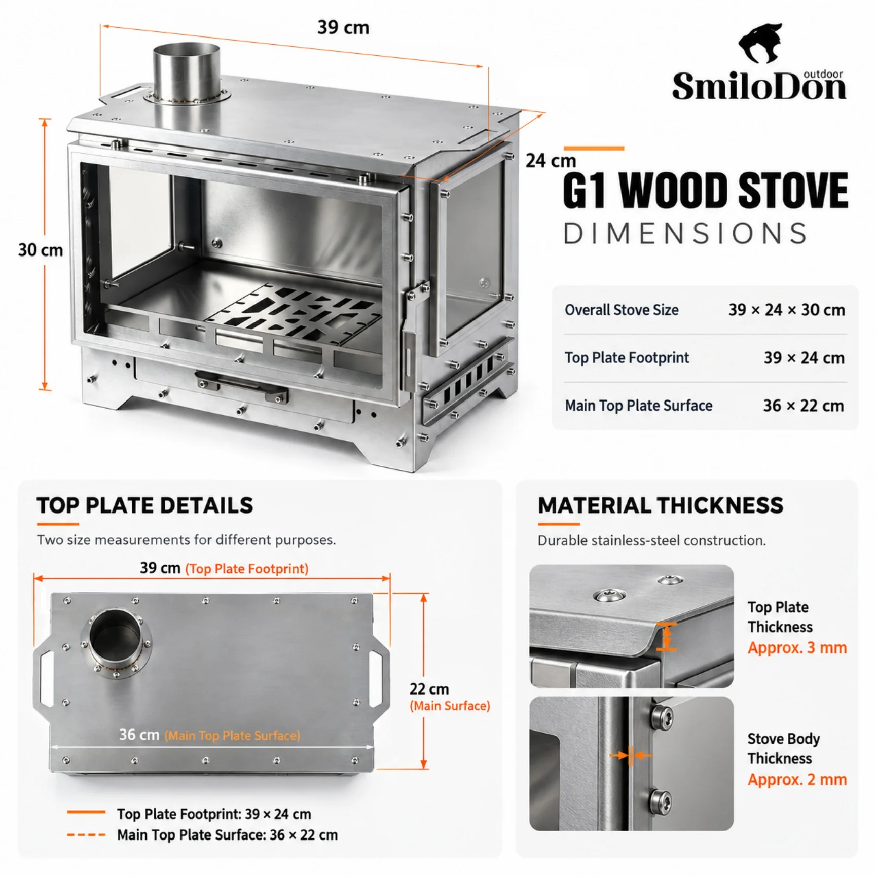 SmiloDon G1 Camping-Holzofen, 2026 Neuer 430 SUS Zeltheizer, 3-seitiges Glas, Sekundärverbrennung, 70/75mm Schornstein, Tragetasche – Detail 5