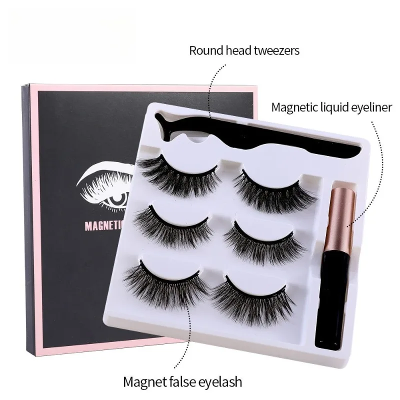 3 Pairs Magnetic Eyelashes Eyeliner Tweezers Set Natural No Glue Need Thick and Slender False Lashes Lasting EyelashMakeup Tools