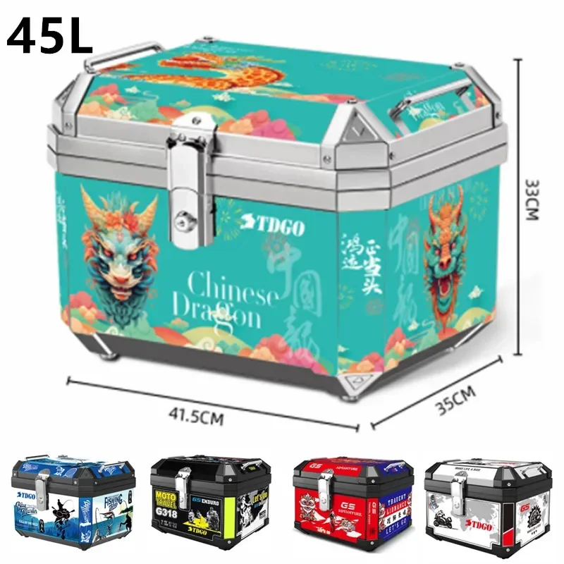 45L Dragon Painting Motorcycle Helmet Box Universal Top Tail Rear Luggage Storage Tool Cases Lock Travel Luggage Storage Box